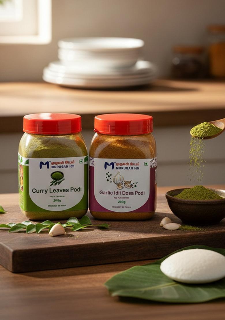 MURUGAN IDLI Garlic Podi & Curry Leaves Each 1 Pack | of 2 (200g + 200g) Authentic South Indian Spiced Powder for Idli, Dosa Rice Perfect Breakfast, Snacks Cooking Traditional Flavor Rich Tast