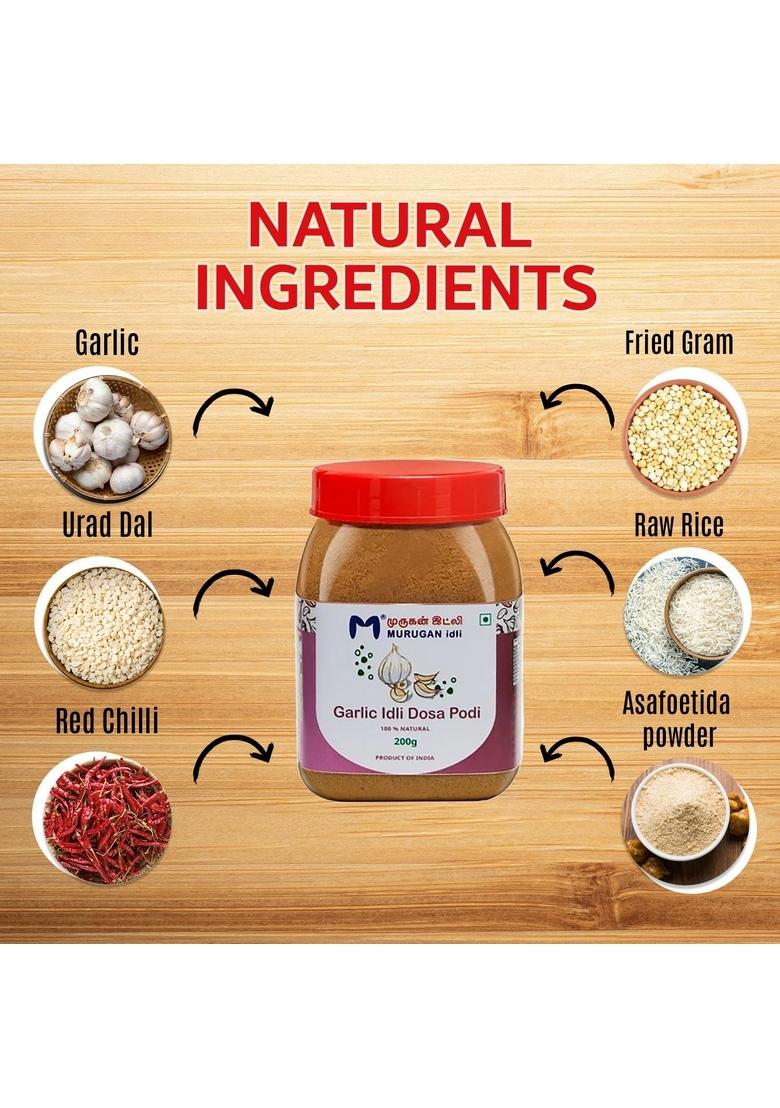 MURUGAN IDLI Garlic Podi & Curry Leaves Each 1 Pack | of 2 (200g + 200g) Authentic South Indian Spiced Powder for Idli, Dosa Rice Perfect Breakfast, Snacks Cooking Traditional Flavor Rich Tast