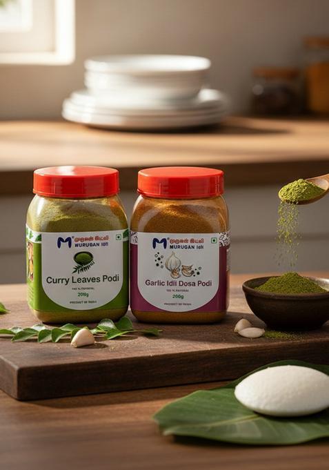 MURUGAN IDLI Garlic Podi & Curry Leaves Each 1 Pack | of 2 (200g + 200g) Authentic South Indian Spiced Powder for Idli, Dosa Rice Perfect Breakfast, Snacks Cooking Traditional Flavor Rich Tast