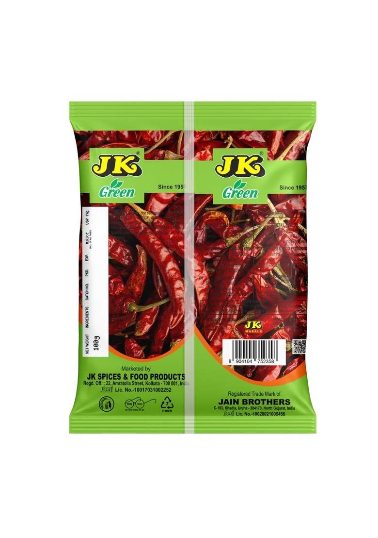 JK Red Chilli Whole| 100% Natural Laal Mirch | Organic Indian Spices Great for Curries, Chutneys & More, 100g (Pack of 9) - Indya