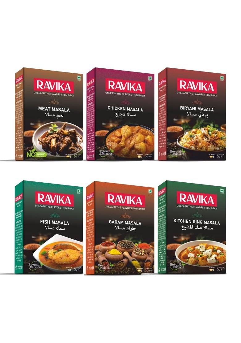 RAVIKA Masala Combo Pack (50g Each) Meat, Chicken, Biryani, Fish, Garam & Kitchen of 6 Premium Spices for Rich Taste Aroma