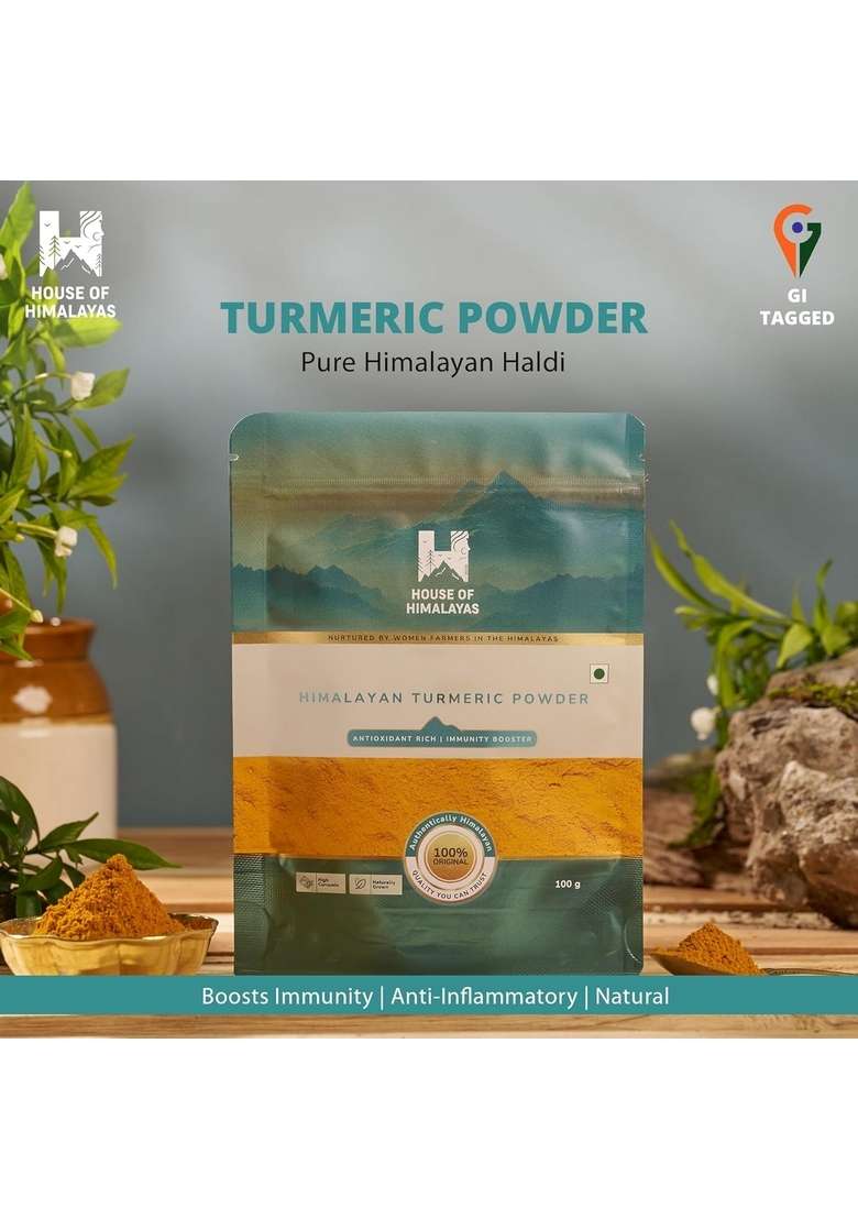 House of Himalayas Turmeric Powder, Natural and Unpolished, Rich in Antioxidants, Immunity Booster, Chemical Free Haldi Sourced From Uttarakhand, No Added Flavours or Colours, 100 gm - Indya