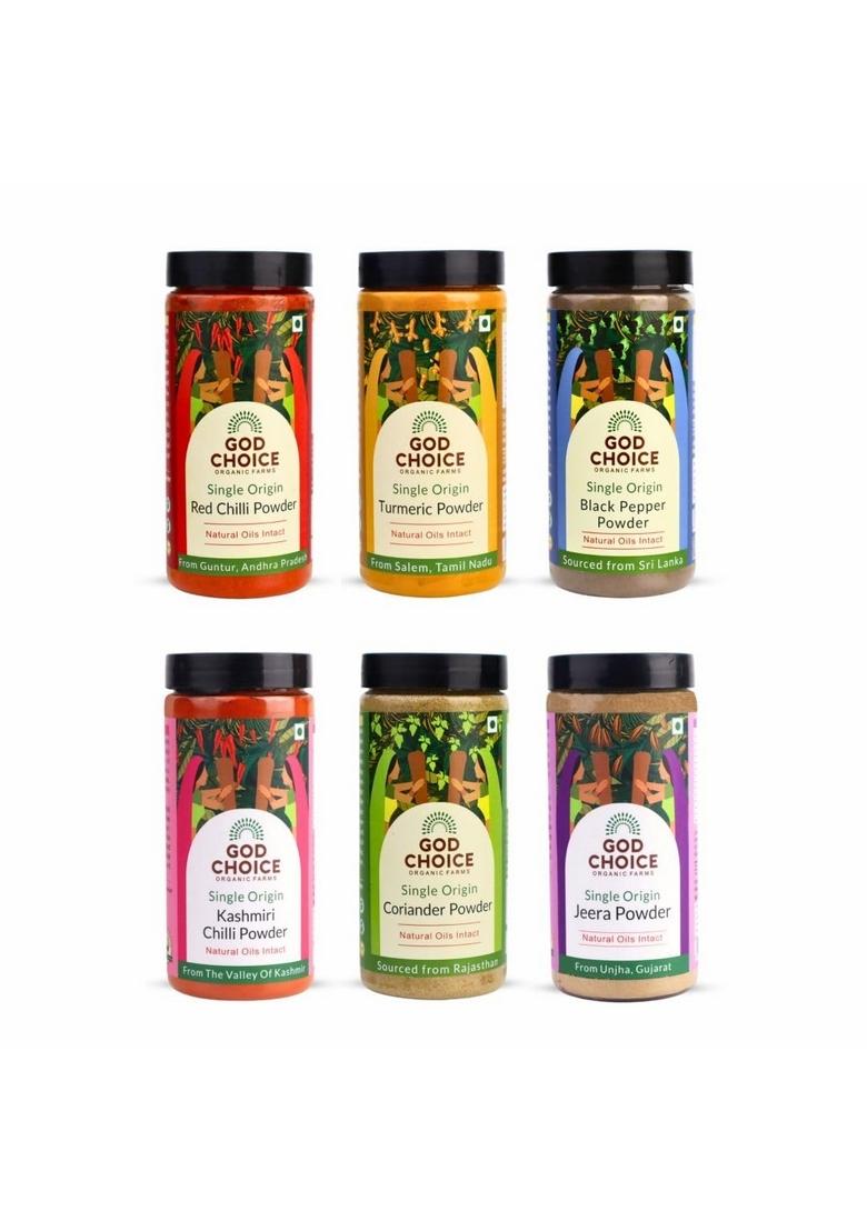 GOD CHOICE ORGANIC FARMS Spices Combo 1300G (Pack of 6)|Pet Jar|Red Chilli,Turmeric,Coriander,Jeera Powder,Black Pepper & Kashmiri Chilli Powder|100% Pure Natural|Stoneground