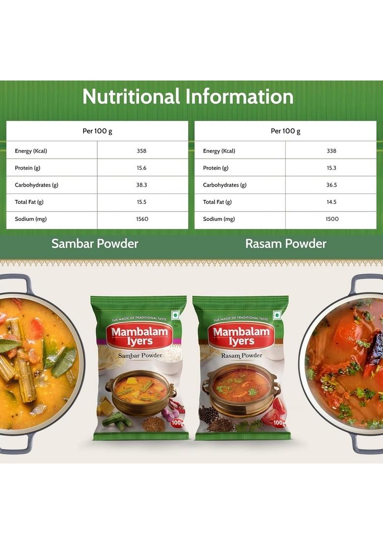 Mambalam Iyers Sambar and Rasam Powder Combo Pack, 100g Each