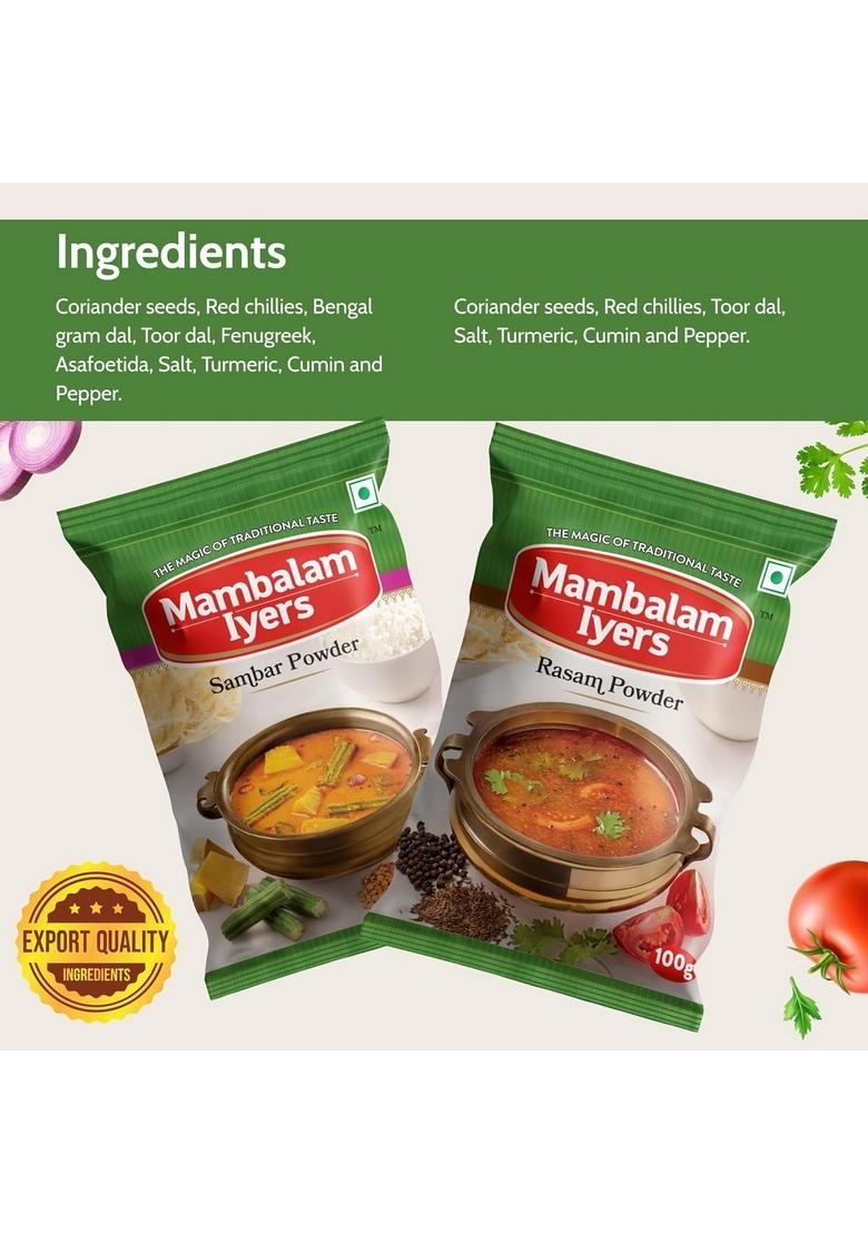 Mambalam Iyers Sambar and Rasam Powder Combo Pack, 100g Each