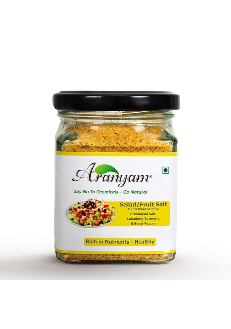 Aranyam Salad/Fruit Salt - 150gm | Fruit Infused with Himalayan Pink Salt, Lakadong Turmeric & Black Pepper Unrefined, Non Iodised Namak in Glass Bottle - Indya