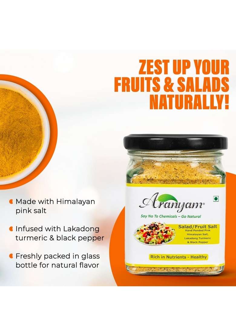 Aranyam Salad/Fruit Salt - 150gm | Fruit Infused with Himalayan Pink Salt, Lakadong Turmeric & Black Pepper Unrefined, Non Iodised Namak in Glass Bottle - Indya