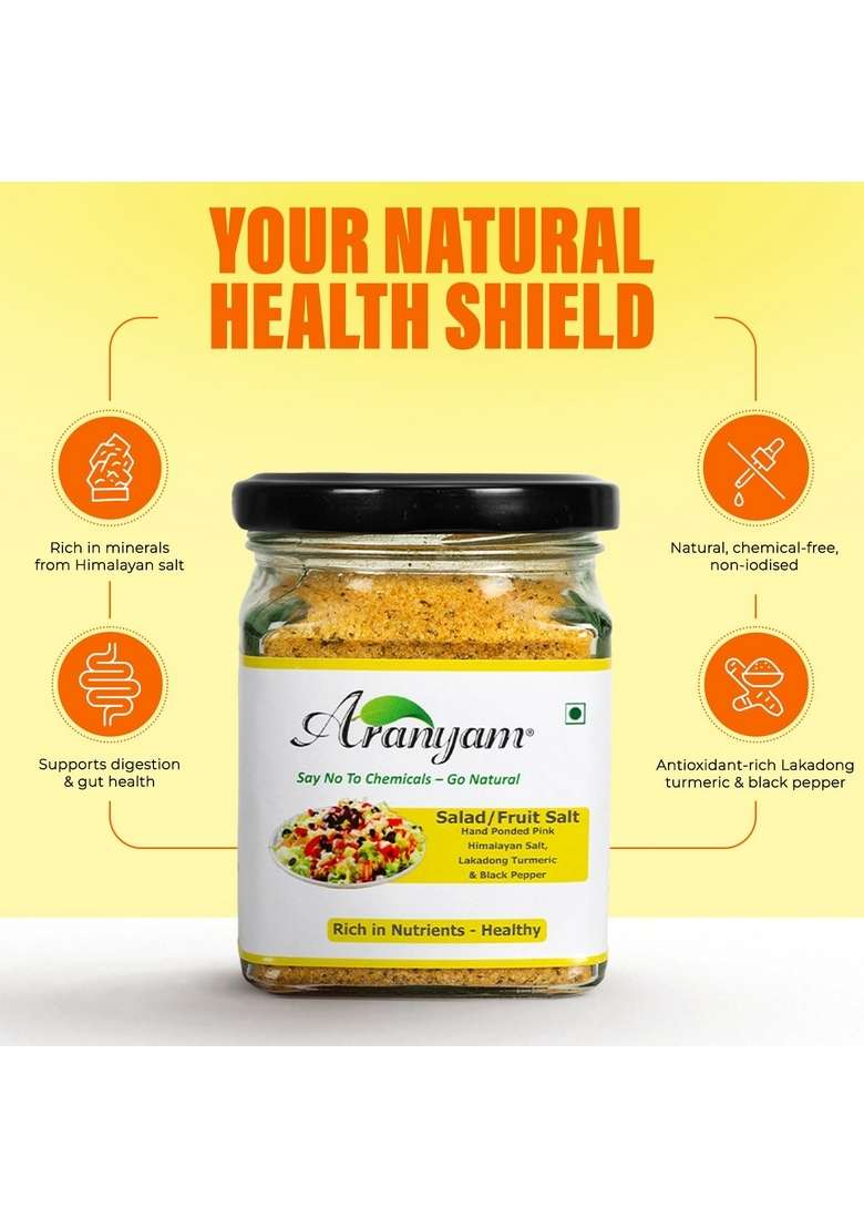 Aranyam Salad/Fruit Salt - 150gm | Fruit Infused with Himalayan Pink Salt, Lakadong Turmeric & Black Pepper Unrefined, Non Iodised Namak in Glass Bottle - Indya