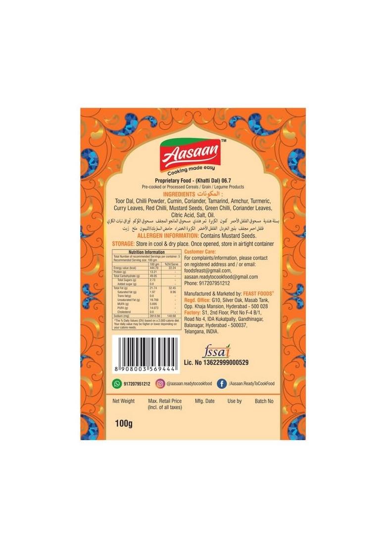 Aasaan Khatti Dal Premix 100gms, Ready to Cook Mix, Instant Hyderabadi Premix, Indian Lentil Curry Home Food With Hand Picked Flavours (Pack of 2)