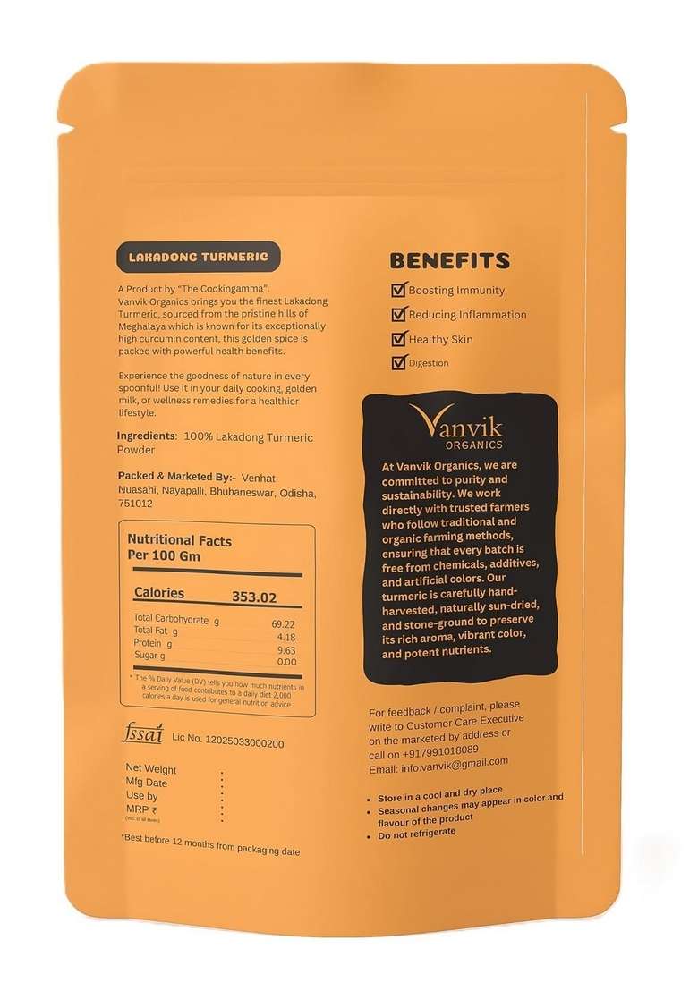 VANVIK Organics Lakadong Turmeric Powder | High Curcumin 9-12% Certified Organic Haldi, Natural from Jaintia Hills, Meghalaya, No Preservative, Immunity Booster, Superfood (250GM, Pack of 3) - Indya