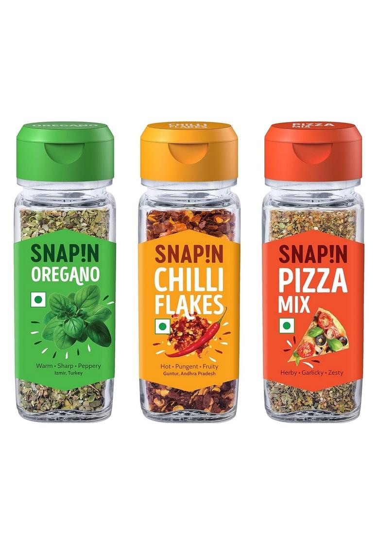 Snapin Seasoning Combo | Oregano 20gm Chilli Flakes 35gm Pizza Mix 45 gm Seasonings for Pizza, Pasta, Garlic Bread & Italian dish Classic blend of Natural mixed herbs No artificial flavors or color Sprinkler Pack 3