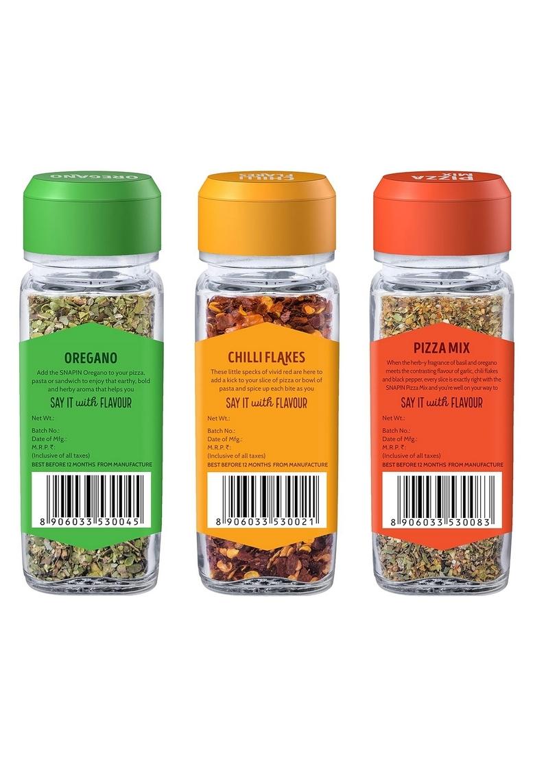 Snapin Seasoning Combo | Oregano 20gm Chilli Flakes 35gm Pizza Mix 45 gm Seasonings for Pizza, Pasta, Garlic Bread & Italian dish Classic blend of Natural mixed herbs No artificial flavors or color Sprinkler Pack 3