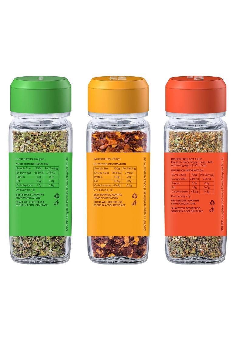 Snapin Seasoning Combo | Oregano 20gm Chilli Flakes 35gm Pizza Mix 45 gm Seasonings for Pizza, Pasta, Garlic Bread & Italian dish Classic blend of Natural mixed herbs No artificial flavors or color Sprinkler Pack 3