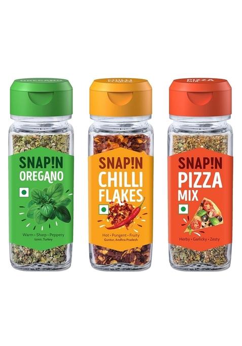 Snapin Seasoning Combo | Oregano 20gm Chilli Flakes 35gm Pizza Mix 45 gm Seasonings for Pizza, Pasta, Garlic Bread & Italian dish Classic blend of Natural mixed herbs No artificial flavors or color Sprinkler Pack 3