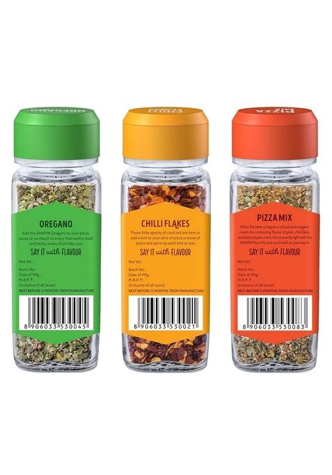 Snapin Seasoning Combo | Oregano 20gm Chilli Flakes 35gm Pizza Mix 45 gm Seasonings for Pizza, Pasta, Garlic Bread & Italian dish Classic blend of Natural mixed herbs No artificial flavors or color Sprinkler Pack 3