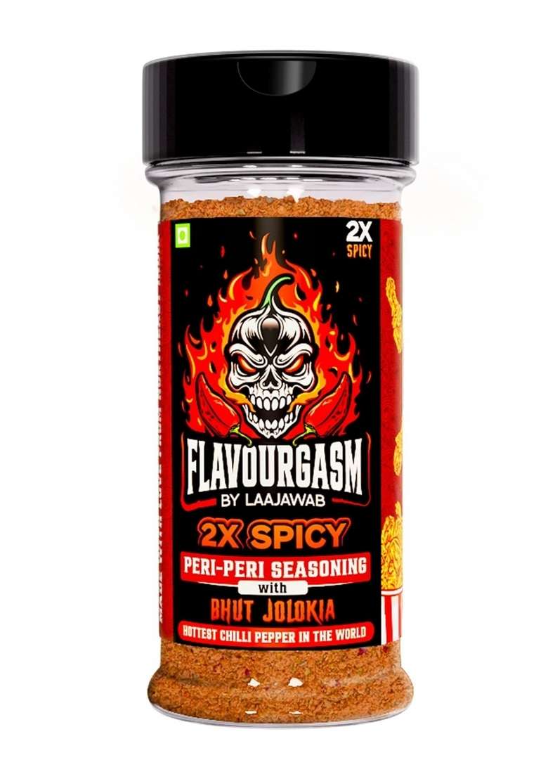 Laajawab Flavourgasm Peri Masala Powder with Bhut Jolokia | 2X Spicy Seasoning for Fries, Popcorn, Pizza, Pasta, Noodles, Chicken, Veggies Tangy Fiery & Smoky Flavour No MSG or Additives; 80g - Indya