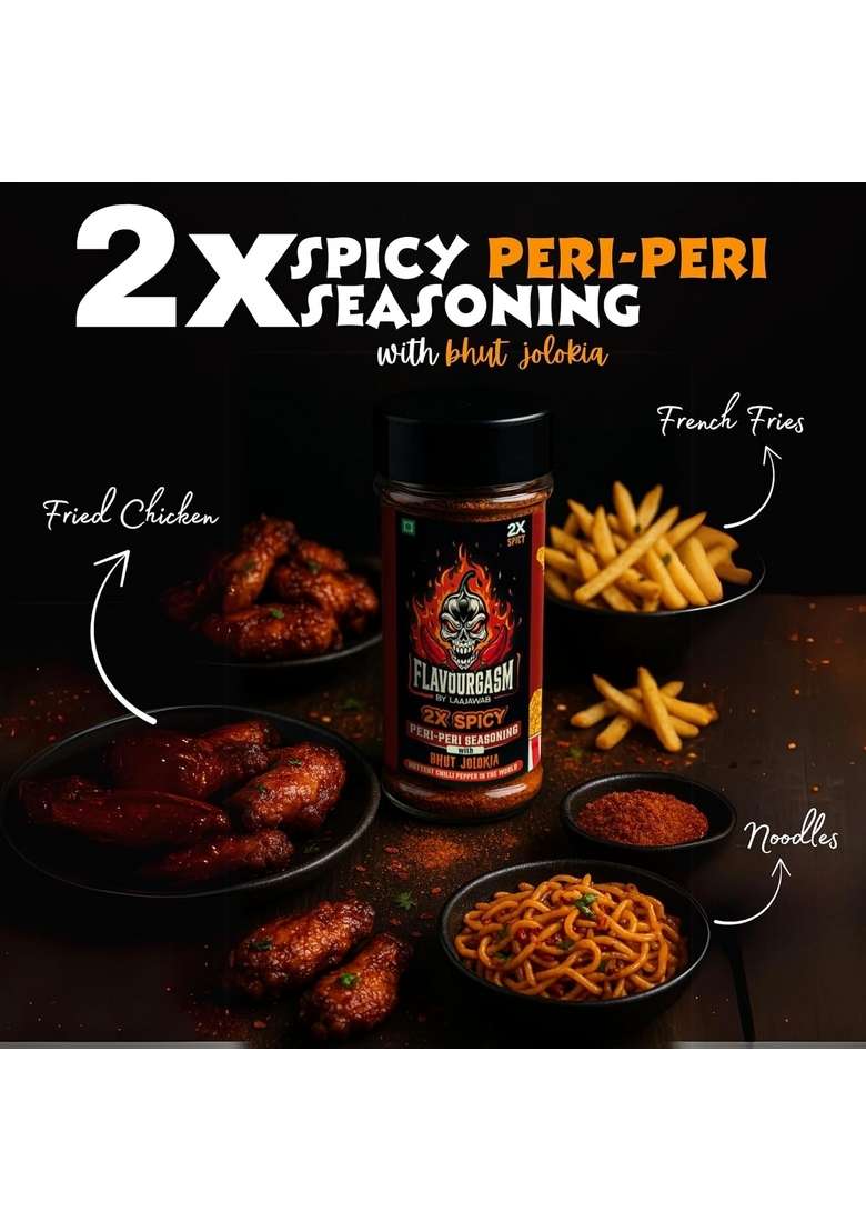 Laajawab Flavourgasm Peri Masala Powder with Bhut Jolokia | 2X Spicy Seasoning for Fries, Popcorn, Pizza, Pasta, Noodles, Chicken, Veggies Tangy Fiery & Smoky Flavour No MSG or Additives; 80g - Indya