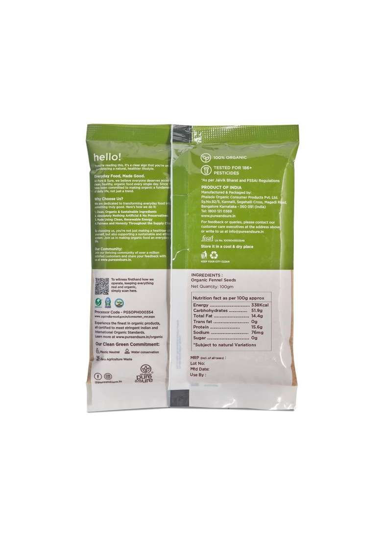Phalada Pure & Sure Organic Fennel Seeds 300Gm (100Gms X Pack Of 3) | No Artificial Colours Preservatives - Indya