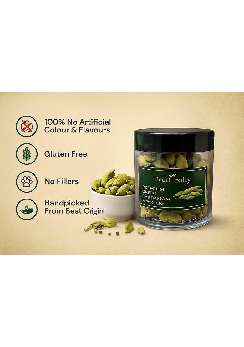 FRUIT FOLLY Natural Green Cardamom Pods | Strong Aroma, Rich Flavor|Bold 8 mm Elachi & 100% Pure