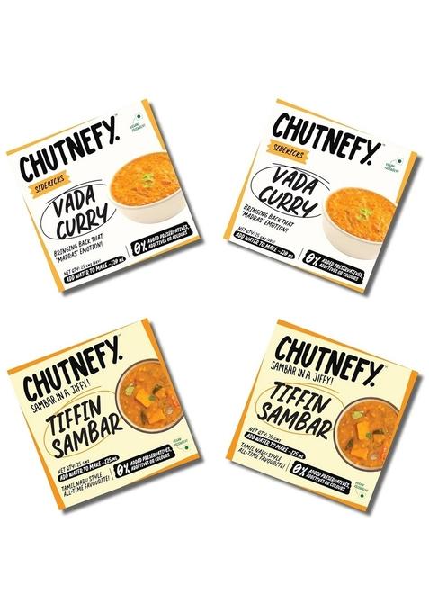 CHUTNEFY - Vada Curry & Tiffin Sambar | Pack of 4 * 25gms (Dry) Delicious Instant Ready to Eat Side Dish No Preservatives or Additives Authentic Tamil Nadu Homestyle Sambar/Vada