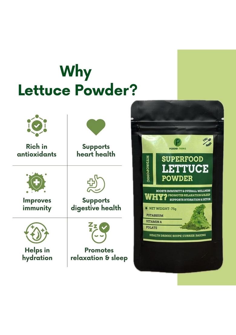 Poddar Farms Premium Lettuce Powder | 100% Pure Leafy Greens Superfood Smoothie Mix Vegan, Non-GMO, Gluten-Free Nutrient-Rich for Everyday Food & Skincare Hydroponically-grown 75 grams
