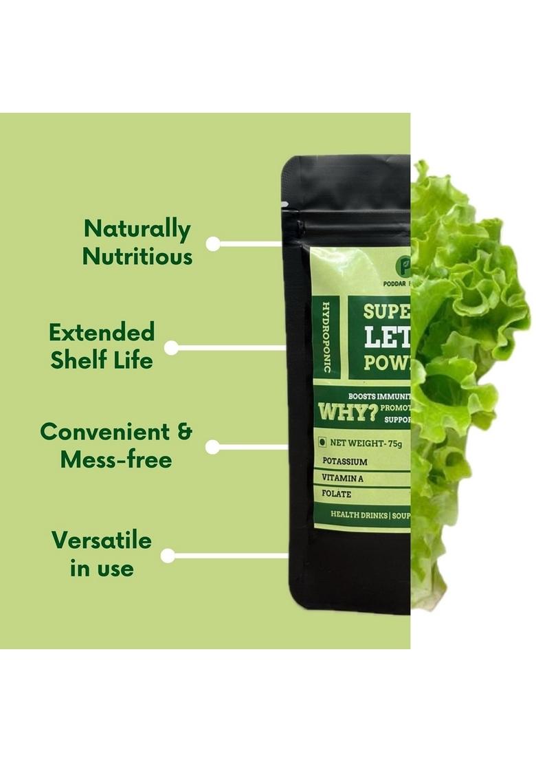 Poddar Farms Premium Lettuce Powder | 100% Pure Leafy Greens Superfood Smoothie Mix Vegan, Non-GMO, Gluten-Free Nutrient-Rich for Everyday Food & Skincare Hydroponically-grown 75 grams