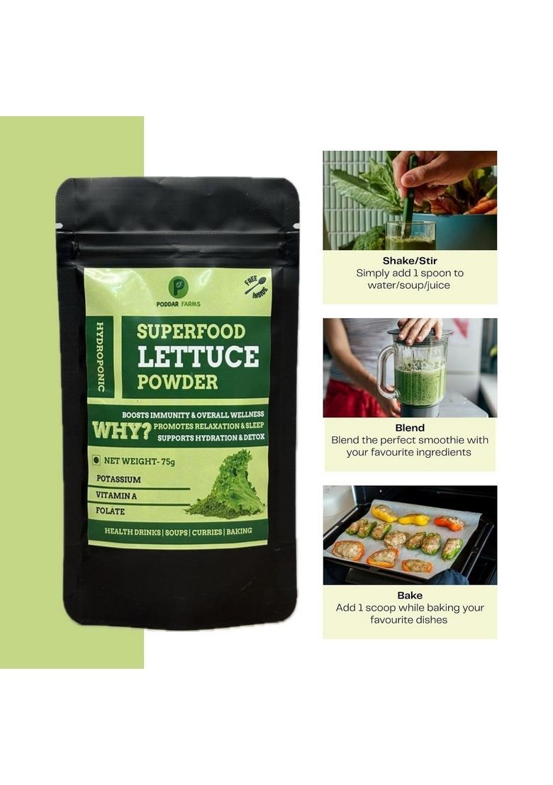 Poddar Farms Premium Lettuce Powder | 100% Pure Leafy Greens Superfood Smoothie Mix Vegan, Non-GMO, Gluten-Free Nutrient-Rich for Everyday Food & Skincare Hydroponically-grown 75 grams