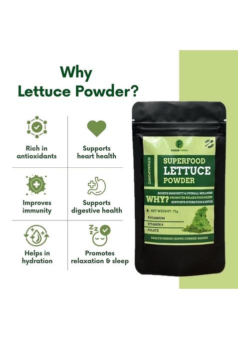 Poddar Farms Premium Lettuce Powder | 100% Pure Leafy Greens Superfood Smoothie Mix Vegan, Non-GMO, Gluten-Free Nutrient-Rich for Everyday Food & Skincare Hydroponically-grown 75 grams