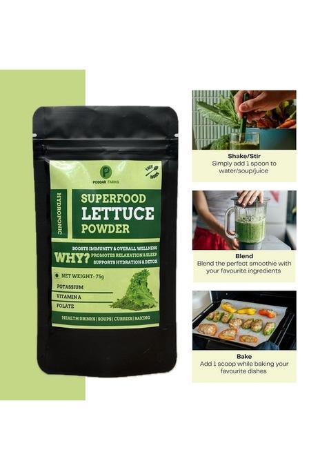Poddar Farms Premium Lettuce Powder | 100% Pure Leafy Greens Superfood Smoothie Mix Vegan, Non-GMO, Gluten-Free Nutrient-Rich for Everyday Food & Skincare Hydroponically-grown 75 grams