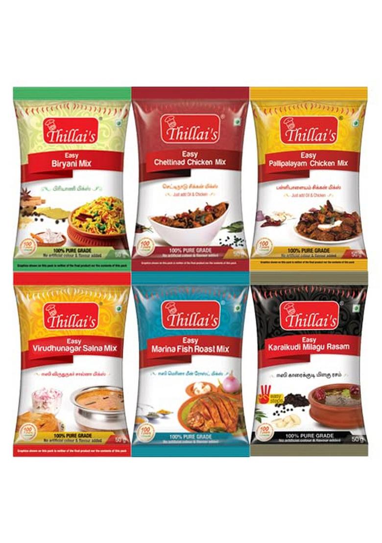 Thillai's Instant Masala Each Pack 300 gm | Biriyani Mix Karaikudi Milagu Rasam Chettinad Chicken Virudhunagar Chalna Marina Fish Roast Pallipalayam