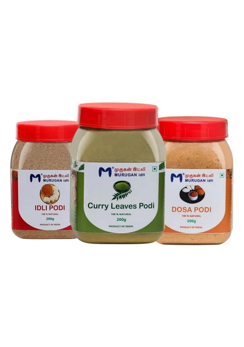MURUGAN IDLI South Indian Spice Powder Combo Pack, Curry Leaves, & Dosa Podi, 200g Each, Pack of 3, Traditional Flavour for Idli, Rice
