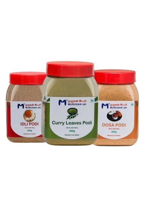 MURUGAN IDLI South Indian Spice Powder Combo Pack, Curry Leaves, & Dosa Podi, 200g Each, Pack of 3, Traditional Flavour for Idli, Rice