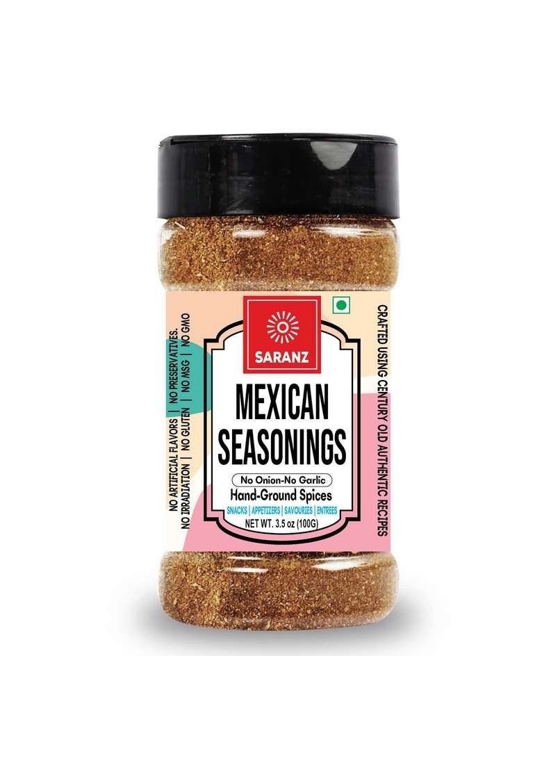 SARANZ Mexican Mix Jain Exotic Seasoning | Perfect for Snacks, Appetizers, Savouries, Entrees, Main Dishes Aromatic (100 Grams Sprinkler Jar) - Indya