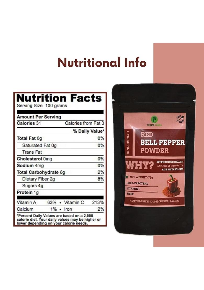 Poddar Farms Premium Red Bell Pepper Powder | 100% Pure & Natural Organic, Vegan, Non-GMO, Gluten-Free Nutrient-Rich Superfood for Cooking, Seasoning Smoothies Hydroponically-Grown 75 grams (1)