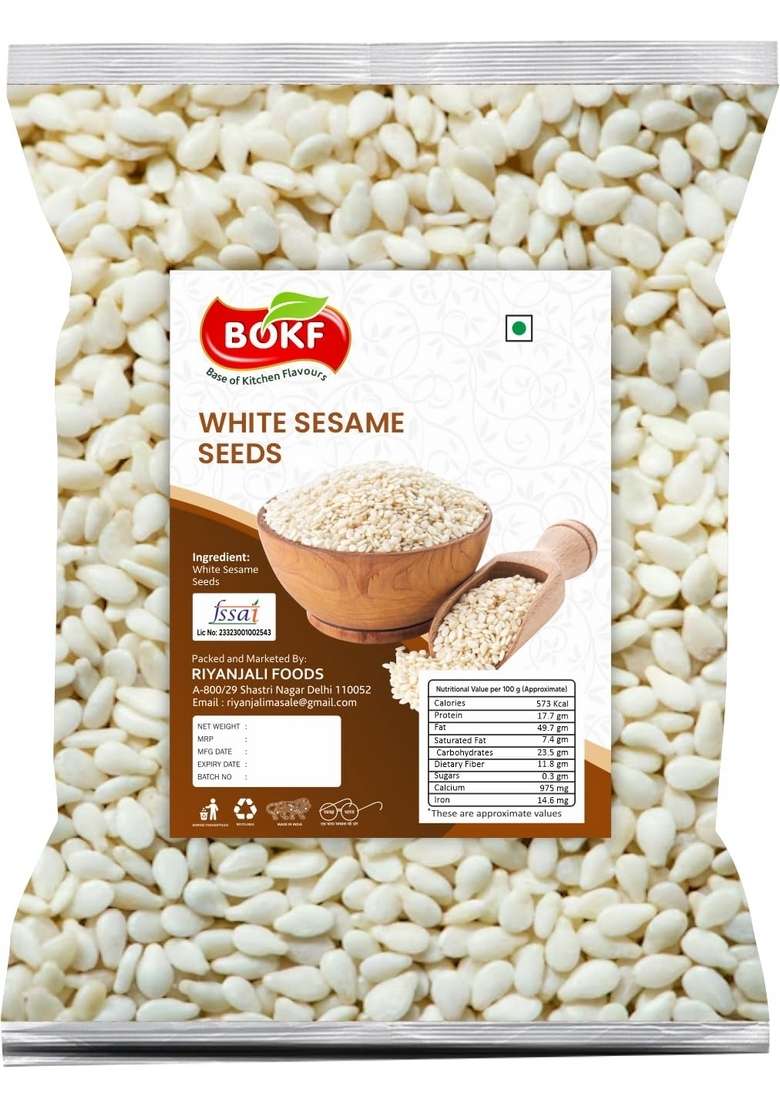 BOKF Premium White Sesame Seeds | Natural, Unpolished & Rich in Calcium, Protein Fiber Healthy Superfood for Cooking, Baking Topping Good hair Skin (1000) - Indya
