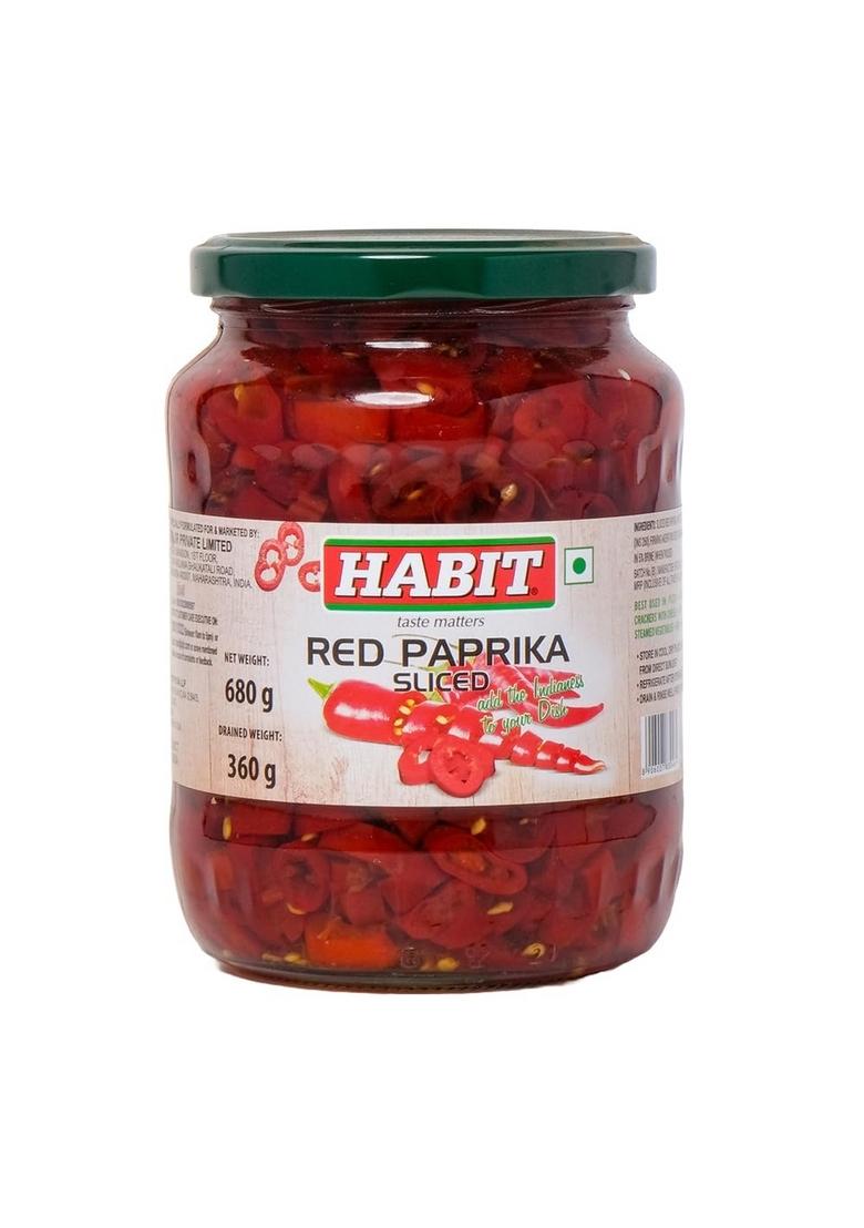 Habit Red Paprika sliced 680g x Pack of 1 | Tender |Deep Color with Tangy, Sour & Spicy Flavor Ideal for Pizza, Sandwiches, Soups, Pastas, Sauces Salads