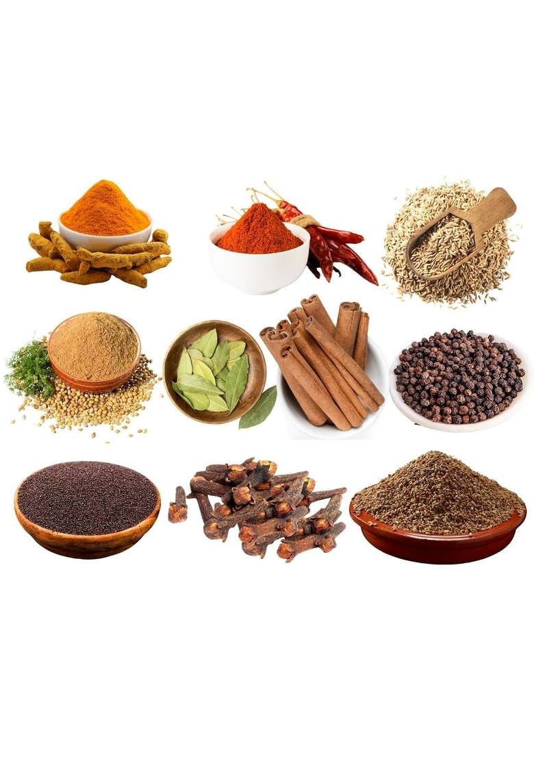 JNKB PURE Indian Spice Combo for Every Home |1 KG Pack of 10 Spices | Monthly Essentials Premium Refill with Turmeric, Chilli, Coriander Powder, Jeera whole, Ajwain, Rai, Laung, Tej Patta, Dalchini and Kali Mirch Fresh & Dishes 100% Natural Complete Cooki - Indya