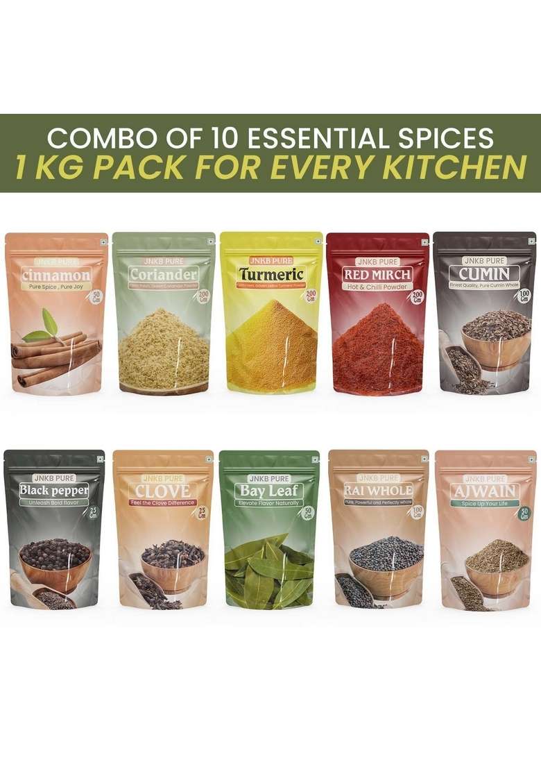 JNKB PURE Indian Spice Combo for Every Home |1 KG Pack of 10 Spices | Monthly Essentials Premium Refill with Turmeric, Chilli, Coriander Powder, Jeera whole, Ajwain, Rai, Laung, Tej Patta, Dalchini and Kali Mirch Fresh & Dishes 100% Natural Complete Cooki - Indya