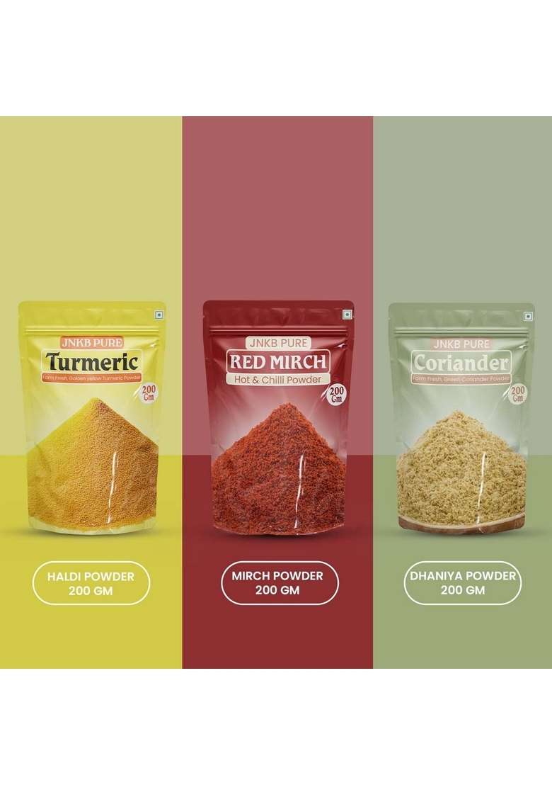 JNKB PURE Indian Spice Combo for Every Home |1 KG Pack of 10 Spices | Monthly Essentials Premium Refill with Turmeric, Chilli, Coriander Powder, Jeera whole, Ajwain, Rai, Laung, Tej Patta, Dalchini and Kali Mirch Fresh & Dishes 100% Natural Complete Cooki - Indya