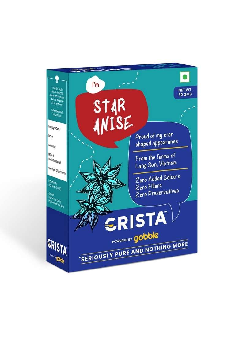 CRISTA Whole Star Anise Flowers | Dried Chakri Phool Widely used in Punjabi Dishes Zero added Colours, Fillers, Additives & Preservatives Natural Aromatic 50 gms - Indya