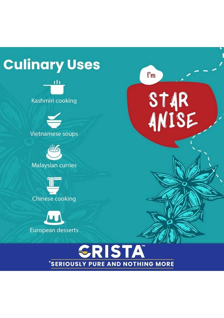 CRISTA Whole Star Anise Flowers | Dried Chakri Phool Widely used in Punjabi Dishes Zero added Colours, Fillers, Additives & Preservatives Natural Aromatic 50 gms - Indya