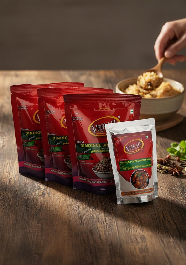 VEERAH-TASTE MATTERS Dindigul Biriyani Mix 600g (Pack Of 3) And Traditional Chettinad Chukka Masala Powder 100g 1)