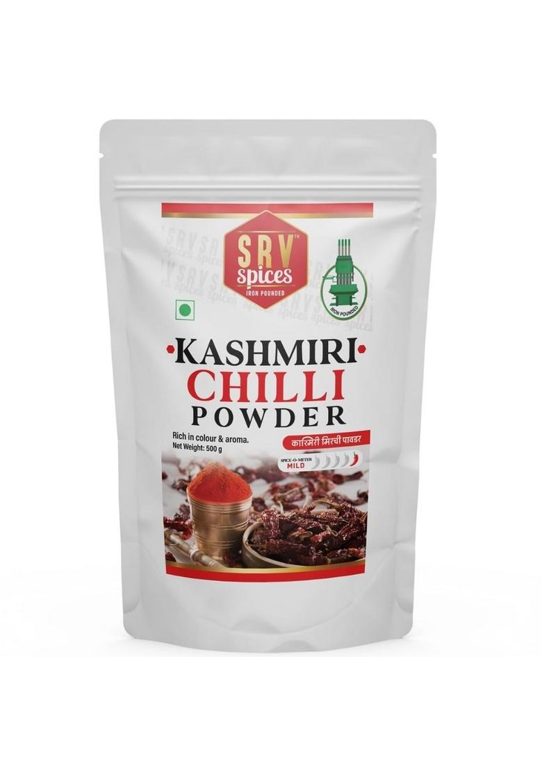SRV SPICES (iron pounded) Kashmiri Chilli Powder | Iron Pounded Lal Mirchi Vibrant Color, Mild Spice & Aromatic Flavor Traditional Blend with 57 Years of Expertise 500g Pack