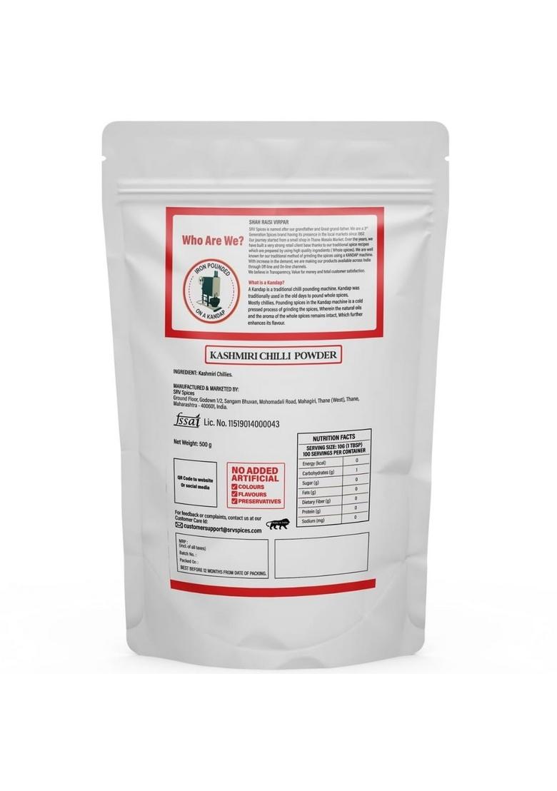 SRV SPICES (iron pounded) Kashmiri Chilli Powder | Iron Pounded Lal Mirchi Vibrant Color, Mild Spice & Aromatic Flavor Traditional Blend with 57 Years of Expertise 500g Pack