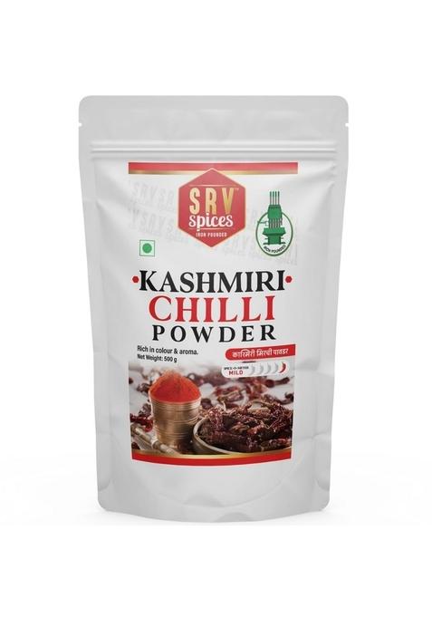 SRV SPICES (iron pounded) Kashmiri Chilli Powder | Iron Pounded Lal Mirchi Vibrant Color, Mild Spice & Aromatic Flavor Traditional Blend with 57 Years of Expertise 500g Pack