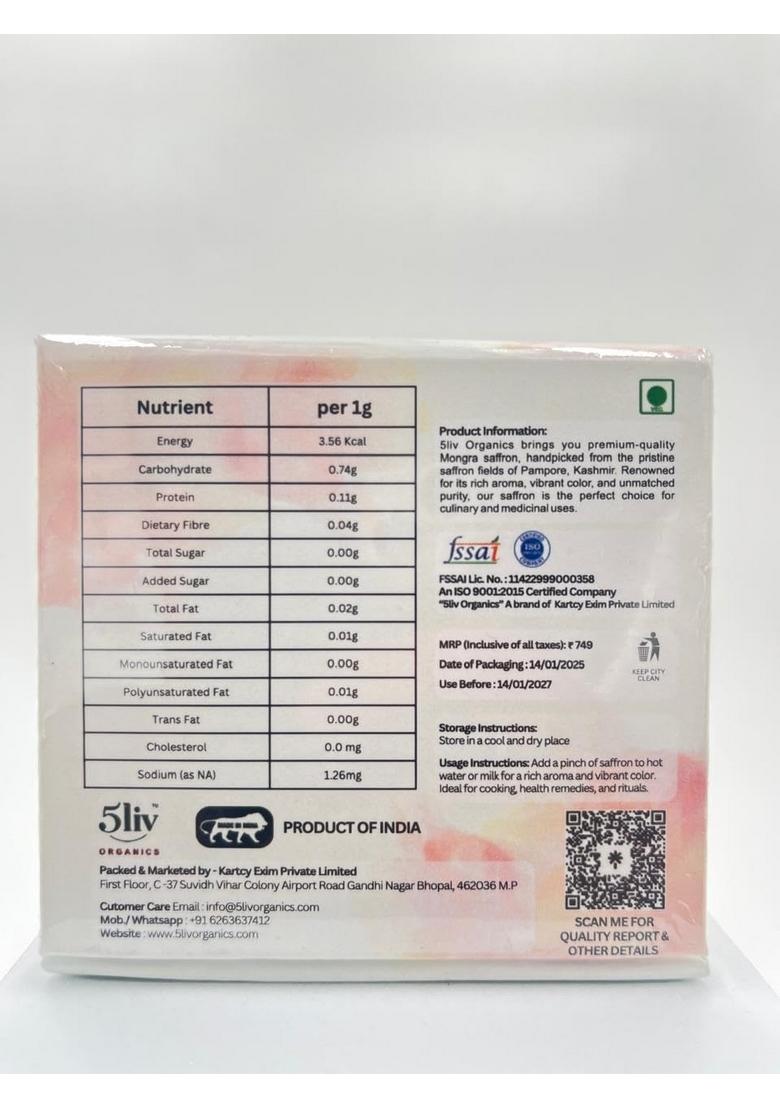 5liv Kashmiri Mongra Saffron Threads, A+++ Grade, for Cooking and Biryani (1 Gram)