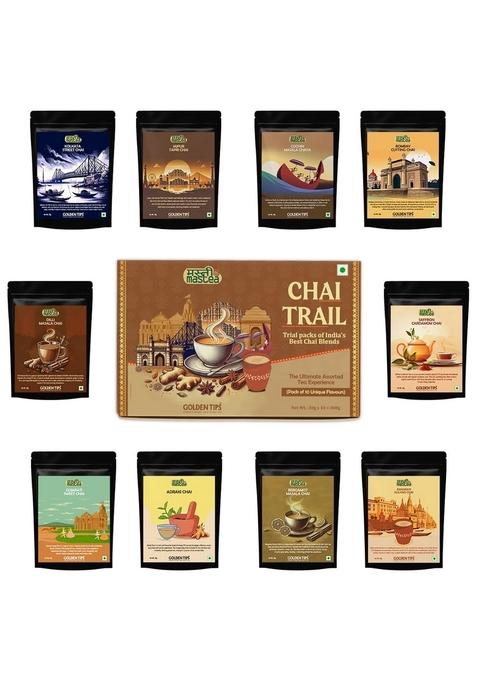 Golden Tips Chai Trail Pack of India s Best Blends (30g x 10), Premium Assorted Masala Tea Sampler, 10 Unique Regional Flavours, Festival Gift