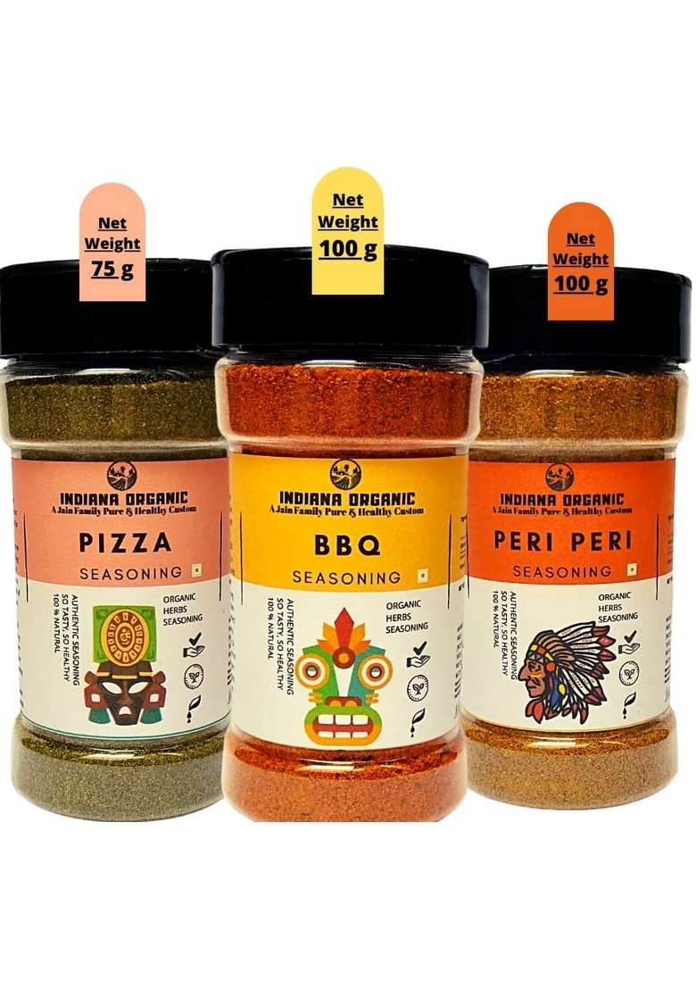 INDIANA ORGANIC bbq | peri pizza seasoning - combo of 3 Jain seasoning. No onion and garlic. - Indya