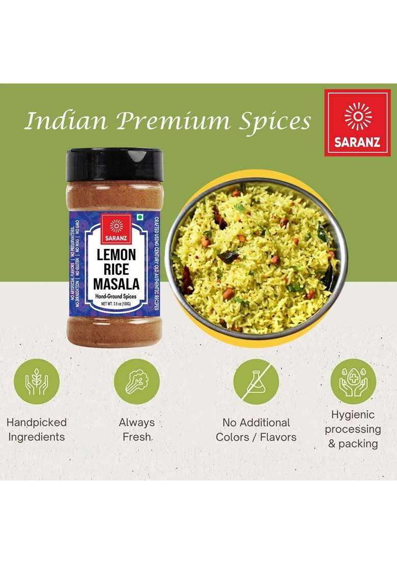 SARANZ Lemon Rice Masala | 100% Natural Indian Spice Sprinkle on dishes Flavorful Blend mix Fresh & Aromatic Spices (100 Grams Sprinkler Bottle) - Indya