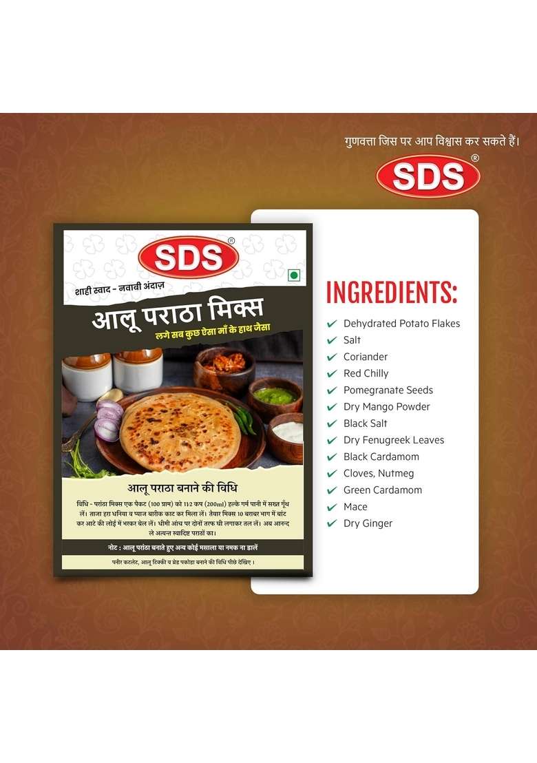 SDS Aloo Prantha Mix - 100g (Pack of 3 ) | Ready to Cook Home Food with Hand Picked Flavours Zero Added Colours & Preservatives Quick Easy Breakfast or Snack - Indya